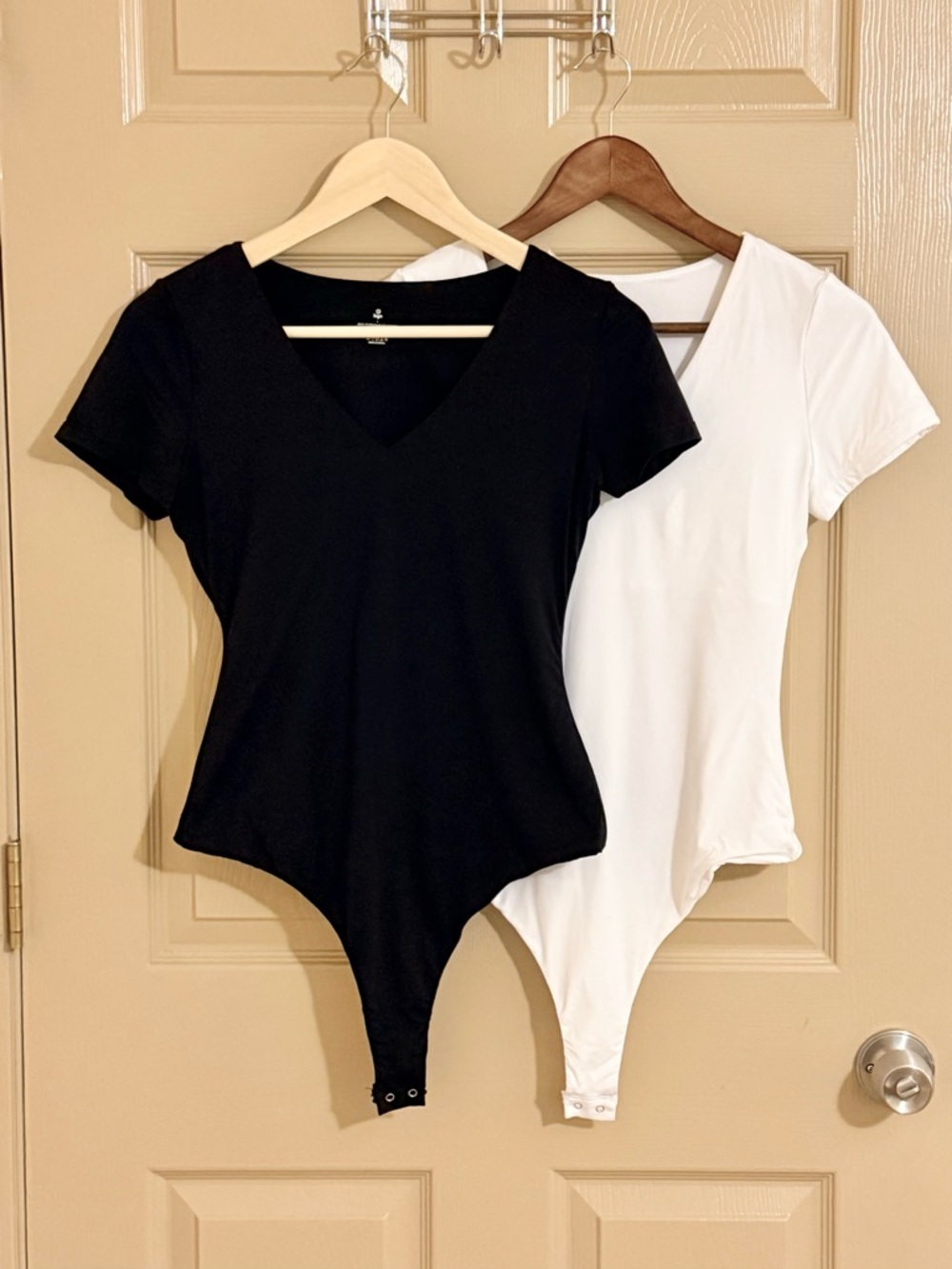 Set of Two: Classic V-Neck Short Sleeve Bodysuits - Black AND White